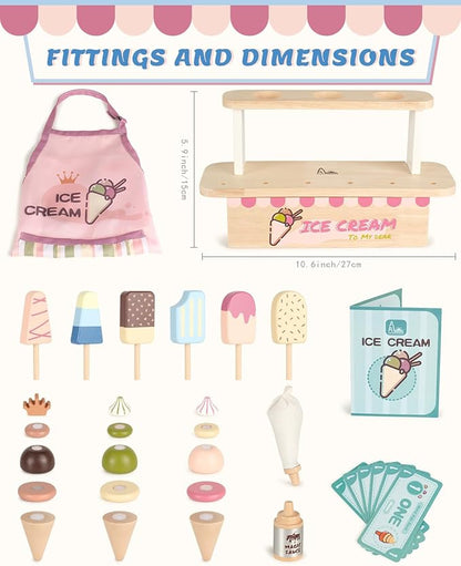 Ice Cream Toys for Toddlers 3-5, Wooden Ice Cream Stand for Kids, Popsicle Toys Ice Cream Set, Kids Ice Cream Shop Playset, Ice Cream Truck Toy Gift for Girl Boy 3 4 5 Years, Wooden Play Food Set