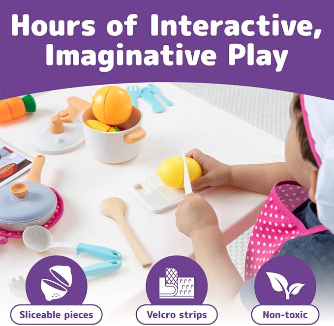 Kids Cooking and Baking Chef Set with Sliceable Play Food - Pretend Play Toddler Kitchen Toys - Kid Chef Apron, Fruit, Veggies, Hat & Utensils Kids Toy (Chef Set with Play Food)