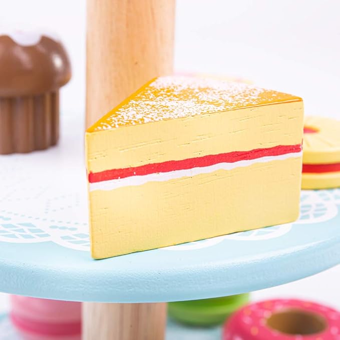 Bigjigs Toys Wooden Cake Stand with 9 Wooden Play Food Cakes - Quality Toy Food for Toddlers & Children, Perfect Kids Wooden Kitchen Accessories for Afternoon Tea Parties