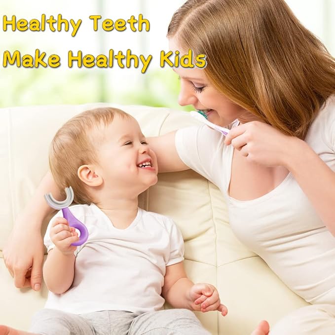 YOTEE U-Shaped Toothbrush Kids 2 PCS - Toddler Toothbrush with Food Grade Soft Silicone Brush Head, Manual Whole Mouth Toothbrush for Kids Age 2-6(Purple+Yellow), 360° Oral Teeth Cleaning