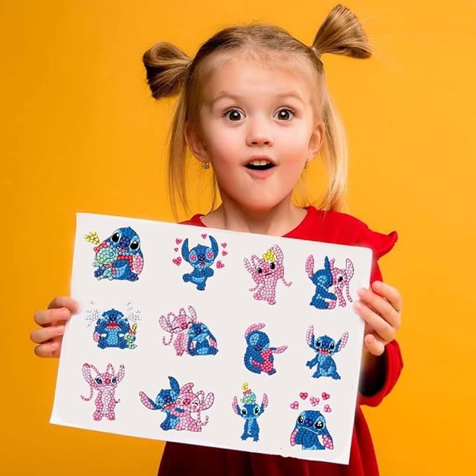 12 Pcs Diamond Art Stickers Kits for Kids, DIY Cartoon Paint by Numbers Diamonds Mosaic Stickers for Kids Arts Diamond Craft Stickers for Kids and Adult Beginners