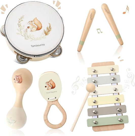 Toddler Musical Instruments | Baby Musical Toys Wooden Toys Educational Toys for Toddlers | Neutral Color Musical Instruments Set | Early Learning Music Toys for Boys Girls Gift