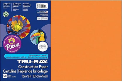 Pacon Tru-Ray Construction Paper, 76 lbs., 12 x 18, Pumpkin, 50 Sheets/Pack (103426)