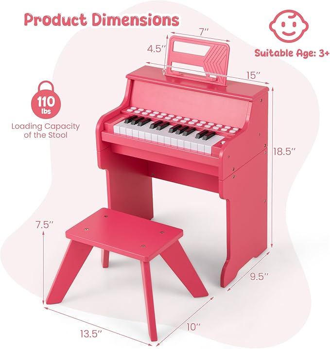 HONEY JOY Wooden Kids Piano, 25 Lighted Keys Kids Keyboard Piano w/Music Stand, Bench, Early Learning Educational Musical Instrument, Baby Music Toy for 3+ Years Old Toddlers Boys Girls (Pink)