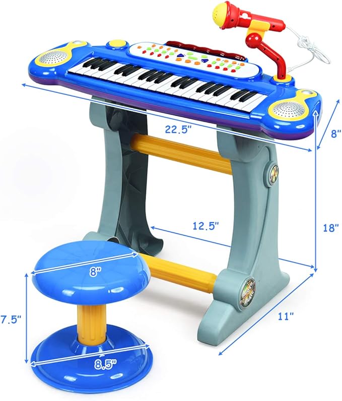 Costzon 37-Key Kids Piano Keyboard Toy, Toddler Electronic Musical Instrument Educational Toy w/Microphone, Multiple Sounds, Record Playback, Lights & Stool, Birthday Gift for Girls Boys Age 3+, Blue