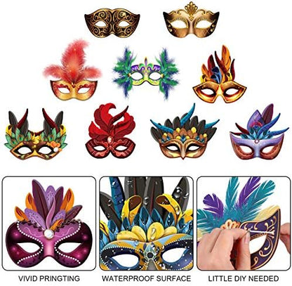 Blulu Mardi Gras Masks Paper Carnival Parade Faux Feather Face Masks Masquerade Party New Orleans Novelty Decorations Fantasy for Women Man Costume Party Favors