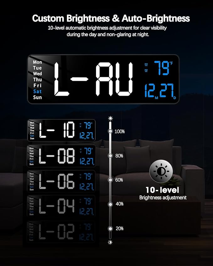 JoFomp Modern 16" Large Digital Wall Clock with Remote Control, LED Display, Auto-Dimming, Countdown, Temperature, Calendar - 12/24Hr Format - Silent Wall Clock for Home, Office, or Gym Use (Blue)