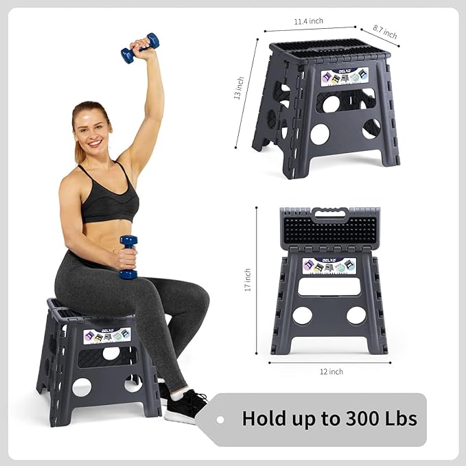Delxo Folding Step Stool 13 inch Height Heavy Duty Foldable Step Stools for Adults and Kids,Kitchen Small Collapsible Fold Up Stepping Stool 1 Pack in Grey Dotted Texture