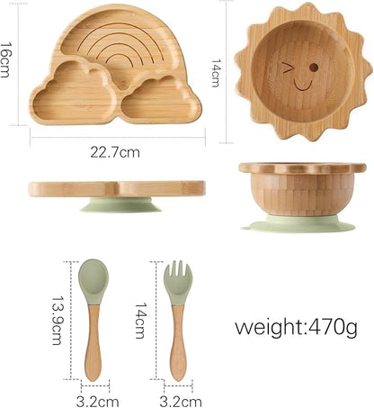 Bamboo Suction Plates Bowls Set for Baby Toddler Divided Platter Food bowl with Silicone Fork & Spoon All-Natural Baby Feeding Set for Baby-Led Weaning, Non-Slip Design