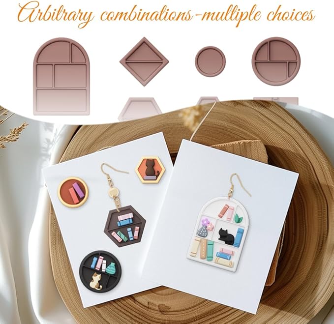 ORIGACH 13 Pcs Mini Bookshelf Polymer Clay Cutters，Book Vase Frame Design Clay Cutters for Polymer Clay Jewelry Earrings with a Clear Storage Box