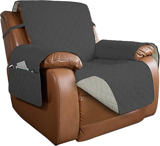 PureFit Reversible Quilted Sofa Cover, Water Resistant Slipcover Furniture Protector, Washable Couch Cover with Non Slip and Elastic Straps for Kids, Dogs, Pets (Oversized Recliner, Dark Gray/Beige)