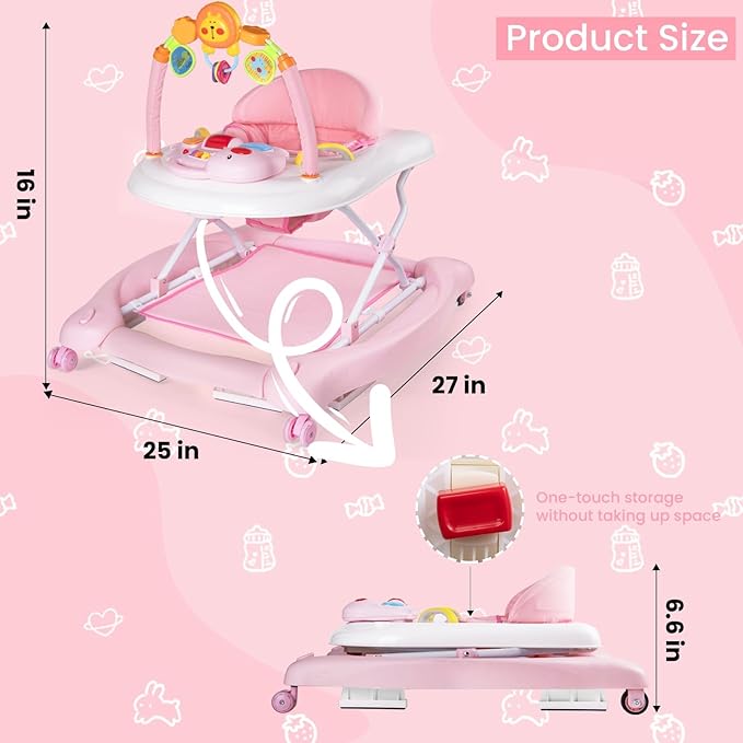 Boyro Baby 5-in-1 Baby Walker, Baby Walkers for Boys Girls 6-12 Months, Foldable Activity Walker, Toddler Infant Walker with Bouncer, Adjustable Height, Removable Footrest, Feeding Tray, Music
