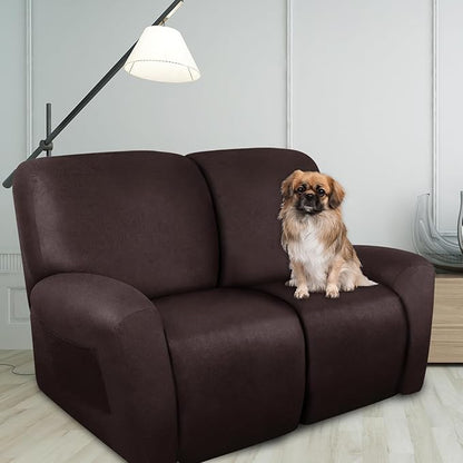 Loveseat Recliner Cover Leather Look Recliner Loveseat Covers Recliner Sofa Cover for 2 Seater Reclining Couch Spandex Fabric Washable 6 Pieces (2 Seater, 01 Chocolate)
