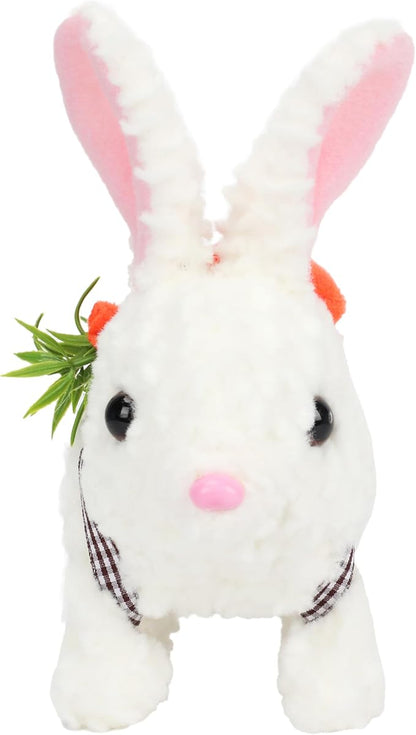 Hopearl Hopping Rabbit with LED Ears Carrot Backpack Interactive Plush Bunny Toy with Sounds Animated Walking Wiggle Light up Ears Twitch Nose Gift for Toddlers, White, 7''