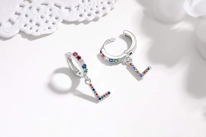 Presentski Initial Earrings 925 Sterling Silver Colorful Huggie Small Hoop Earrings Rainbow CZ Drop Dangle Simple Alphabet Earrings S925 Hypoallergenic Earring Letter A-Z for Daughter Women