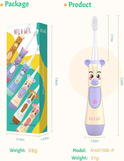 NELL&WELL Kids Electric Toothbrush, 2-Min Timer, 3 Modes with Memory, IPX 7 Waterproof, Battery Powered Kids Toothbrush with 3 Soft Bristles Heads for Children Boys and Girls Ages 3+…