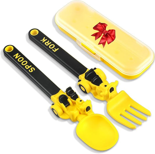 Construction Utensils for Toddlers - Toddler Forks and Spoons - Toddler Spoon and Fork Set - for Kids Utensils - Baby Utensils - Portable Utensil Set for 1 2 3 4 5 years old - Yellow