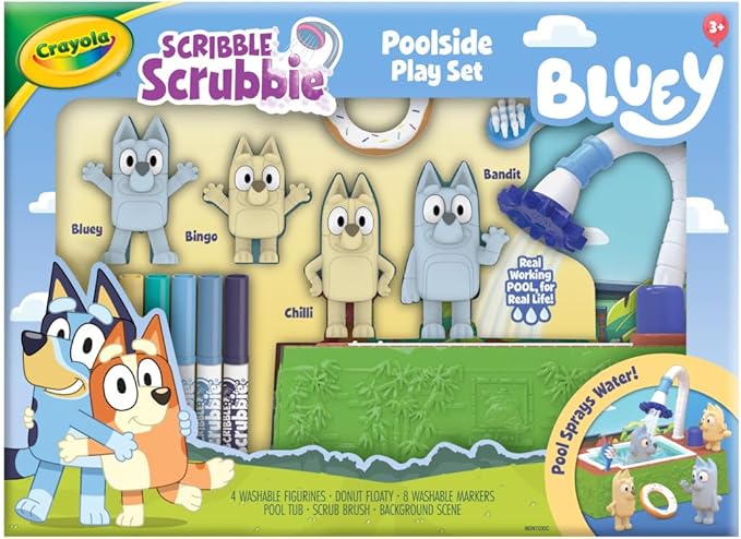 Crayola Scribble Scrubbies Bluey Poolside Playset (4ct), Washable Bluey Toy Set for Kids, Essential Easter Basket Stuffers for Toddlers, Gifts for Girls & Boys, Ages 3+