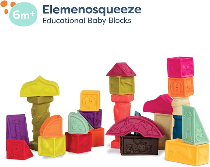 B. toys – Elemenosqueeze – Baby Blocks – 26 Soft Sort & Stack Blocks with Alphabet – Architectural Building Blocks – Shapes, Letters & Animals – 6+ Months