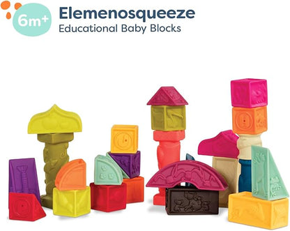 B. toys – Elemenosqueeze – Baby Blocks – 26 Soft Sort & Stack Blocks with Alphabet – Architectural Building Blocks – Shapes, Letters & Animals – 6+ Months