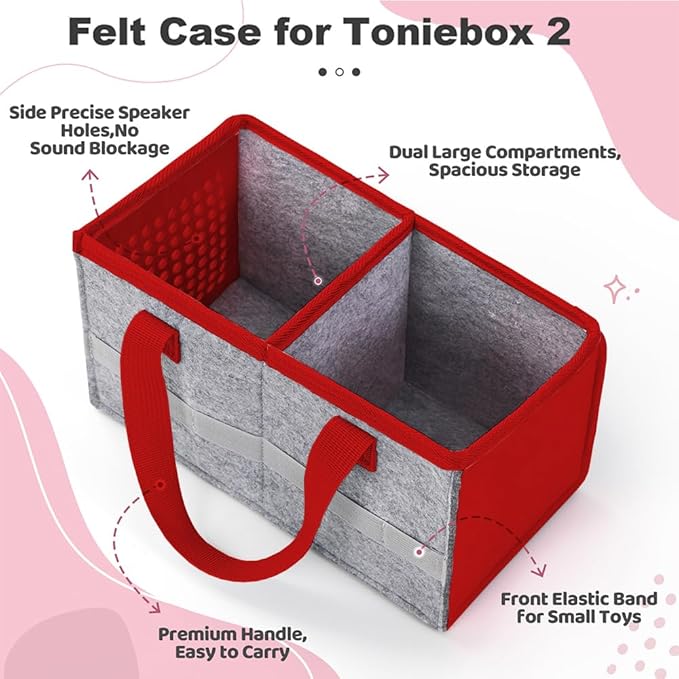 PISOSN Carrying Case for Toniebox Starter Set and Tonies Figurines, Travel Felt Cloth Musical Toy Folding Bag for Toniebox 2 & Accessories (Red)