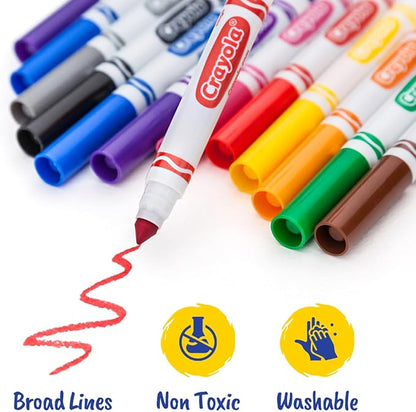 Crayloa Broad Line Markers for Kids Assorted Colors 2-Pack (24 Count) Classic Washable Markers for Classroom, School Supplies, Ages 3+ With Bonus Medium Paper Mate Pen