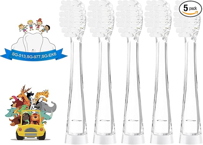 TEETECK 5 Pack Kids Toothbrush Replacement Heads Compatible with SEAGO- 513/977/EK6,Compatible with Brush-Baby WildOnes/KIDZSONIC（Not BabySonic Series）,Compatible with Dada-Tech-BB1/977/K6