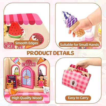 Migargle Wooden Ice Cream Shop Playset - Pretend Play Food & Kitchen Accessories for Kids Ages 3+, Portable Handbag Included, Ideal Christmas & Birthday Gifts for Girls and Boys