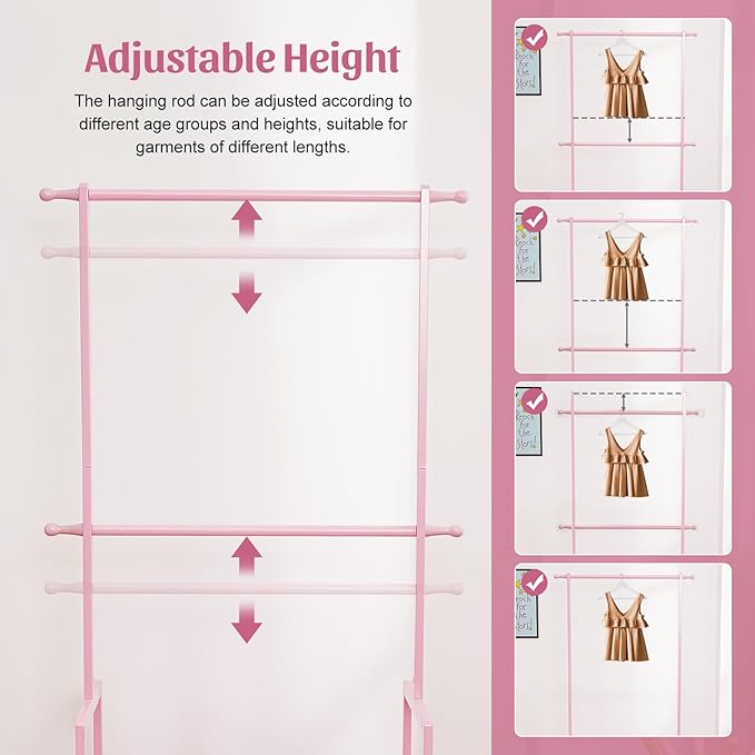 Kids Clothing Rack Bamboo with 2 Storage Baskets and 2 Adjustable Hanging Rods,Child Garment Holder with Shelf, Dress up Stand for Playroom,Toddlers Bedroom (Pink)