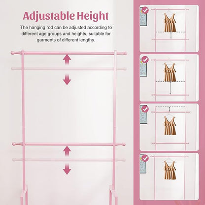 Kids Clothing Rack Bamboo with 2 Storage Baskets and 2 Adjustable Hanging Rods,Child Garment Holder with Shelf, Dress up Stand for Playroom,Toddlers Bedroom (Pink)