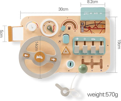 Wooden Montessori Steering Wheel Sensory Activity Board for 1-4 Year Olds, Fine Motor Skills, Travel Busy Board Educational Toys for Boys and Girls
