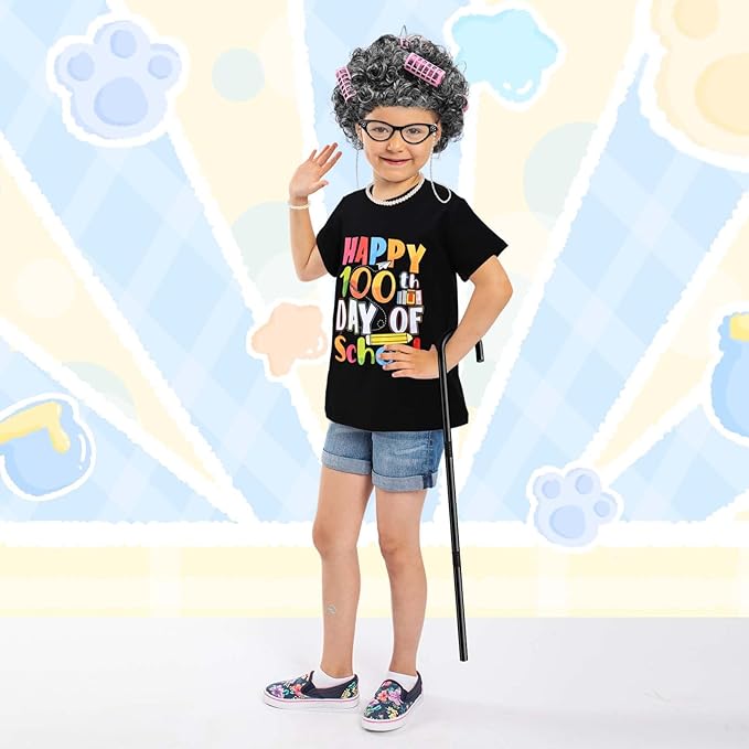 6 Pcs Kids 100 Days of School Costume for Girls Old Lady Granny Grandma Costume with Wig Happy 100 Days T-Shirt