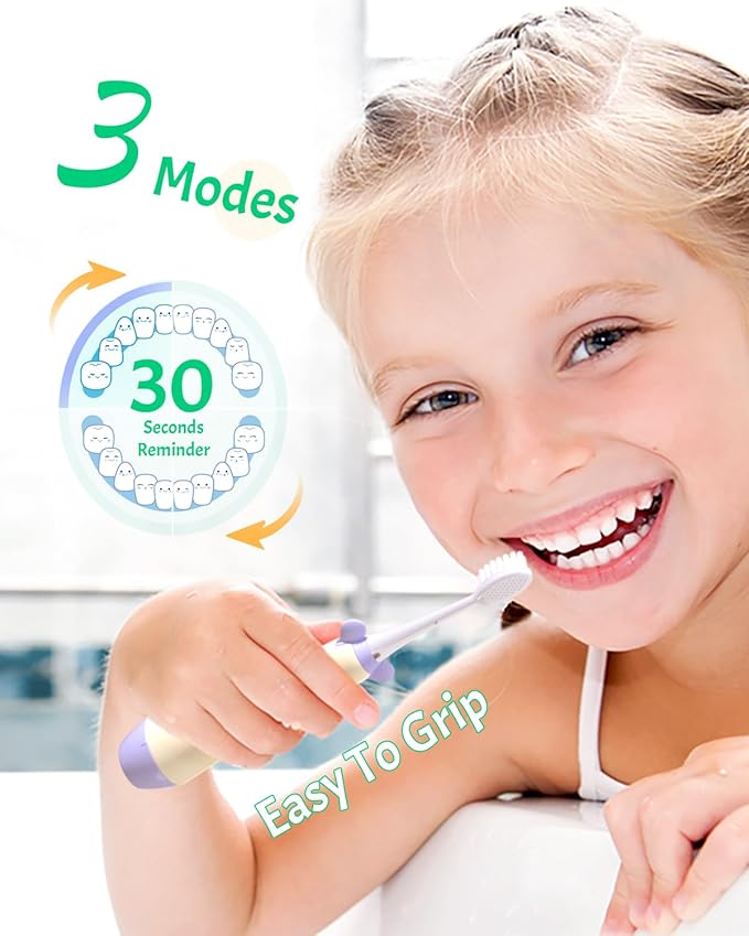 NELL&WELL Kids Electric Toothbrush, 2-Min Timer, 3 Modes with Memory, IPX 7 Waterproof, Battery Powered Kids Toothbrush with 3 Soft Bristles Heads for Children Boys and Girls Ages 3+…