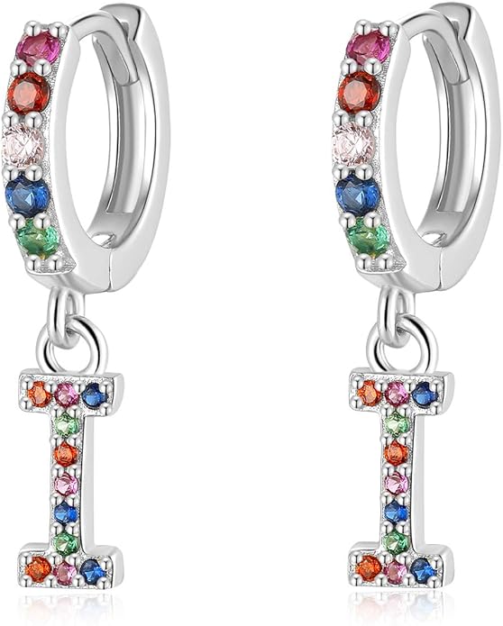 Presentski Initial Earrings 925 Sterling Silver Colorful Huggie Small Hoop Earrings Rainbow CZ Drop Dangle Simple Alphabet Earrings S925 Hypoallergenic Earring Letter A-Z for Daughter Women