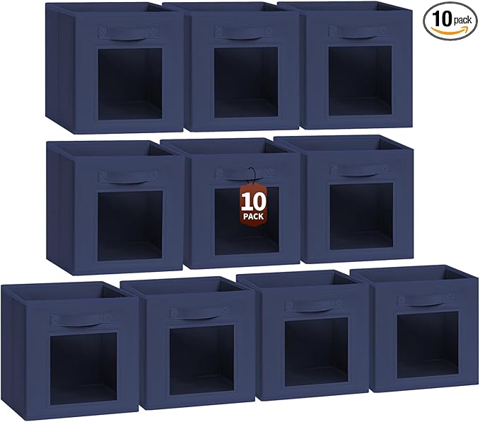 Homsorout Storage Cube 11 Inch - Cube Storage Bins with Window, Closet Storage Baskets with Handle, Fabric Bins for Closet, Shelves, Toys, Clothes, Set of 10, Navy Blue