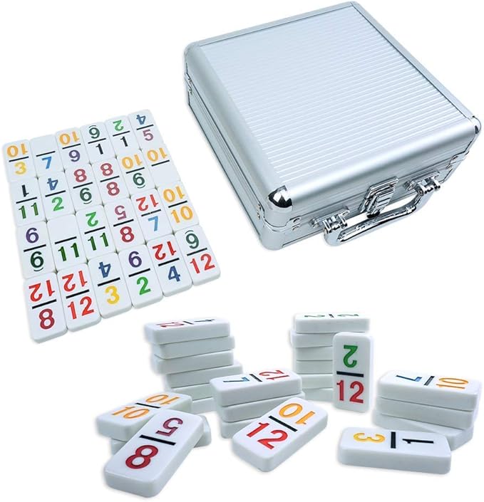 Mexican Train Dominoes Set with Numbers - Double 12 Colored Number Dominoes - Includes 91 Tiles with 9 Trains, Plastic Pieces and Aluminum Case for 2-8 Players Ages 8+