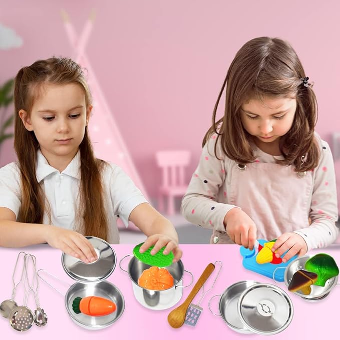 ArtCreativity Pretend Play Kitchen Set for Kids, 23-Piece Kids’ Kitchen Playset with Pots, Pans, Chef Hat, Apron, Utensils, Knife Toy, Pretend Play Food, & More, Kids’ Kitchen Playset for Hours of Fun