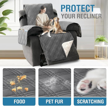 H.VERSAILTEX 100% Waterproof Recliner Chair Covers 1-Piece Reversible Recliner Covers for Large Recliner with Elastic Straps Sitting Width Up to 28" (Oversized Recliner, Grey/Beige)