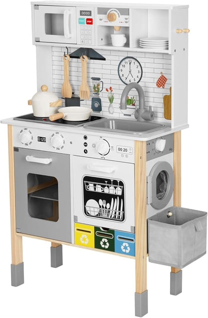 Kids Kitchen Playset with Garbage Classification, Wooden Pretend Play Kitchen with Sound and Light, Kitchen Set for Kids Equipped with Blackboard, Worldmap ect., Gift for Boys and Girls Aged 3+