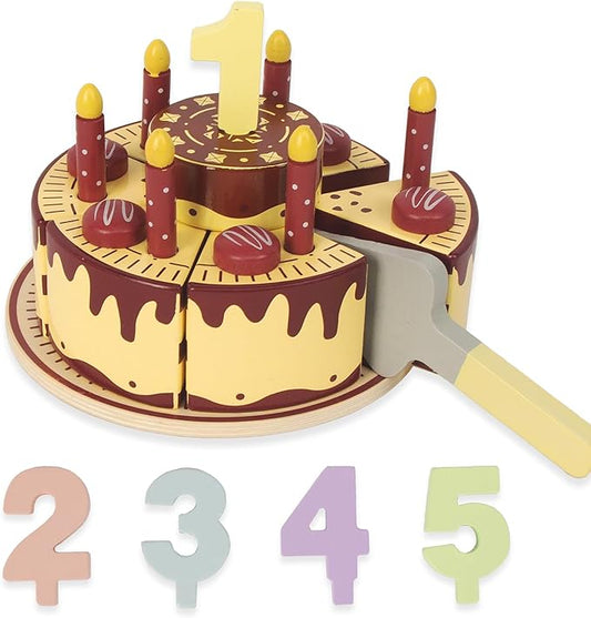 Pretend Play Food for Toddlers 1-3,Wooden Birthday Fake Cake with Candles and Numbers,Tea Party Learning Kitchen Gift Toys for Boys Girls (Chocolate Cake)