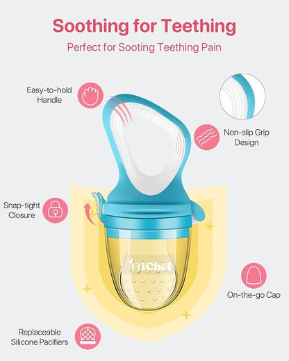 Food Feeder Baby Fresh Fruit Feeder (2 Pack) with 3 Different Sized Silicone Pacifiers, Mash and Serve Bowl with 4 Soft-Tip Silicone Baby Spoons, Perfect Baby First Stage Feeding Set by MICHEF