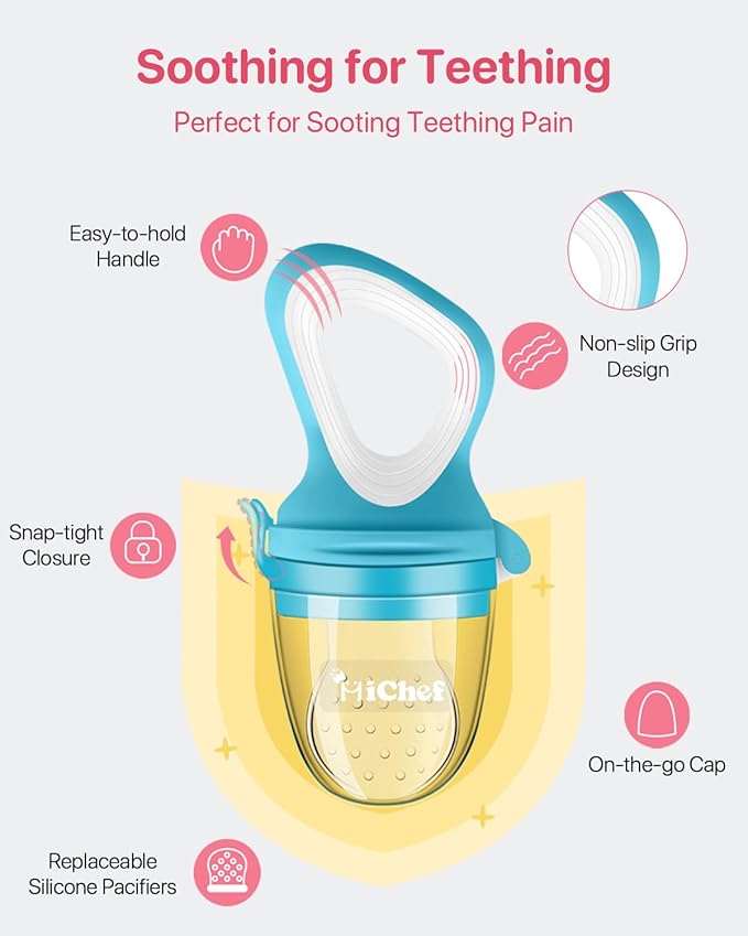 Food Feeder Baby Fresh Fruit Feeder (2 Pack) with 3 Different Sized Silicone Pacifiers, Mash and Serve Bowl with 4 Soft-Tip Silicone Baby Spoons, Perfect Baby First Stage Feeding Set by MICHEF