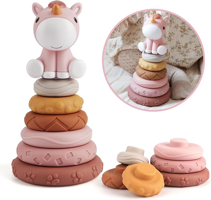 Nueplay 7 Pcs Stacking & Nesting Baby Toys, Squeeze Teething Baby Toys and Building Circle with Pink Horse Figure, Newborn Essentials for 6 12 18 Months Baby Toddler Girls