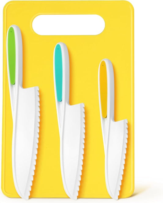 Montessori Toddler Knife Set-4PCS Kids Safe Knives and Cutting Board for Real Cooking Kids Cooking Sets Real Cooking Kitchen Tools Toddler Friendly Kitchen Set