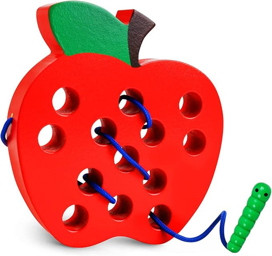 Lacing Toys for Toddlers - Wooden Lacing Apple Threading Toy, Shape Puzzle Fun Travel Game for Montessori Early Learning of Fine Motor Skills Lacing Toy, Educational Gift for Boys and Girls Ages 3-5