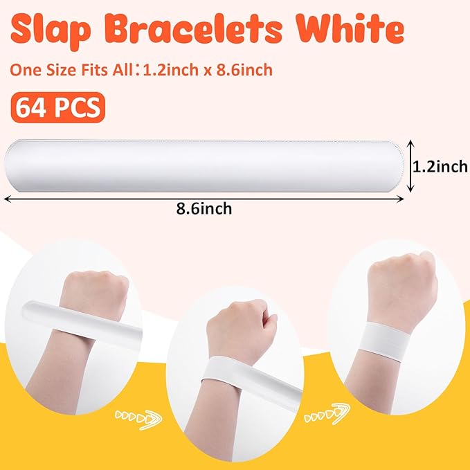 AMOR PRESENT Slap Bracelets Bulk, 64PCS White Slap Bracelets DIY Wrist Band Blank Snap Band for Kids Birthday Party Favors School Crafts Christmas Halloween Party Bag Fillers