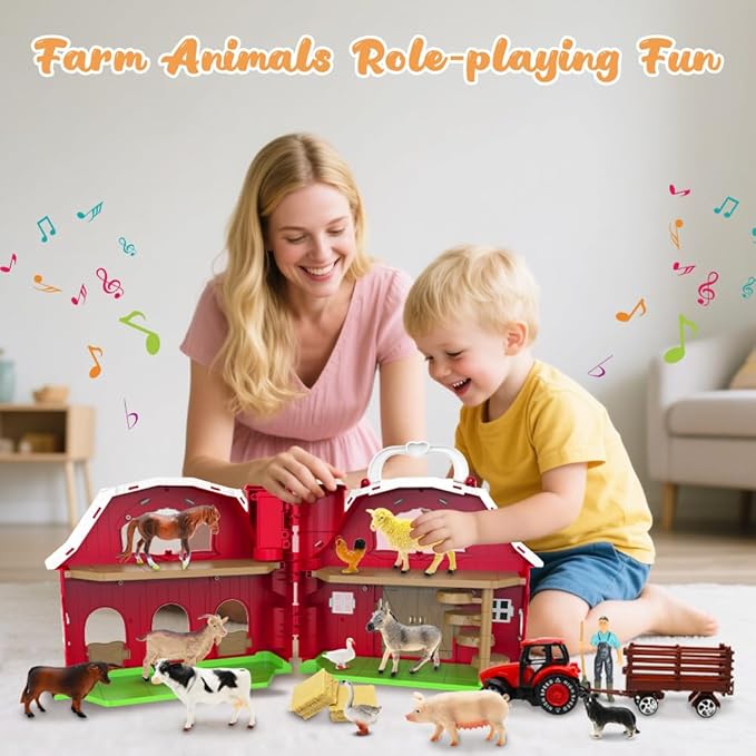 Red Barn Toys for Toddlers 1-3, Farm Animal Figures Playset with Tractor for 2 3 4 5 Year Old Kids, Musical Preschool Montessori STEM Learning Toys, Easter Christmas Birthday Gifts for Boys Girls