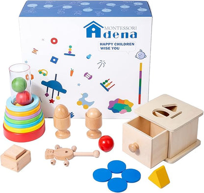Adena Montessori Play Kit for 9-10 Months Baby,7 in 1 Learning Educational Toys for Toddler,Include Clear Tube with Stacking Rings,Coin Box,Wooden Rattle and more,Christmas Birthday Gift for Boys Girl
