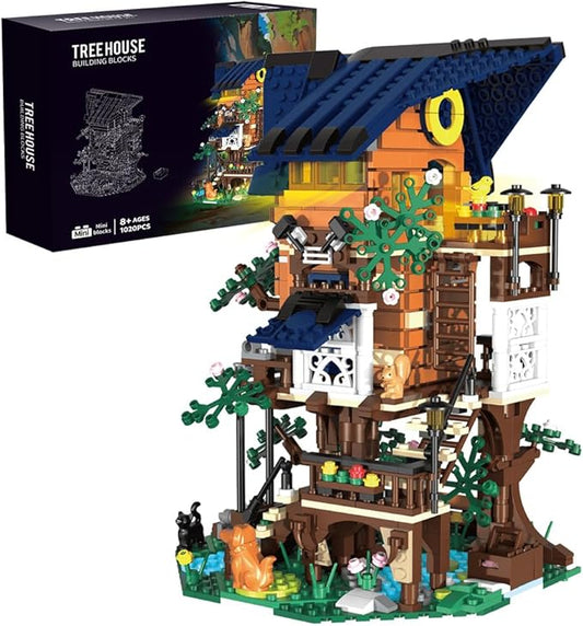 Tree Building House Set with LED,Street View Tree Building Blocks Toy, Gift for Adult,Boys Girls Age 14+，Mini Brick 1020pcs (Not Compatible with Lego)