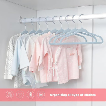 ManGotree 10.95" Baby Velvet Hangers, Non-Slip Infant Coat Hangers, Ultra-Thin Toddler Felt Hangers with 360° Swivel Hook, Space Saving Children's Hangers for Kids Clothes, 48 Pack (Blue)